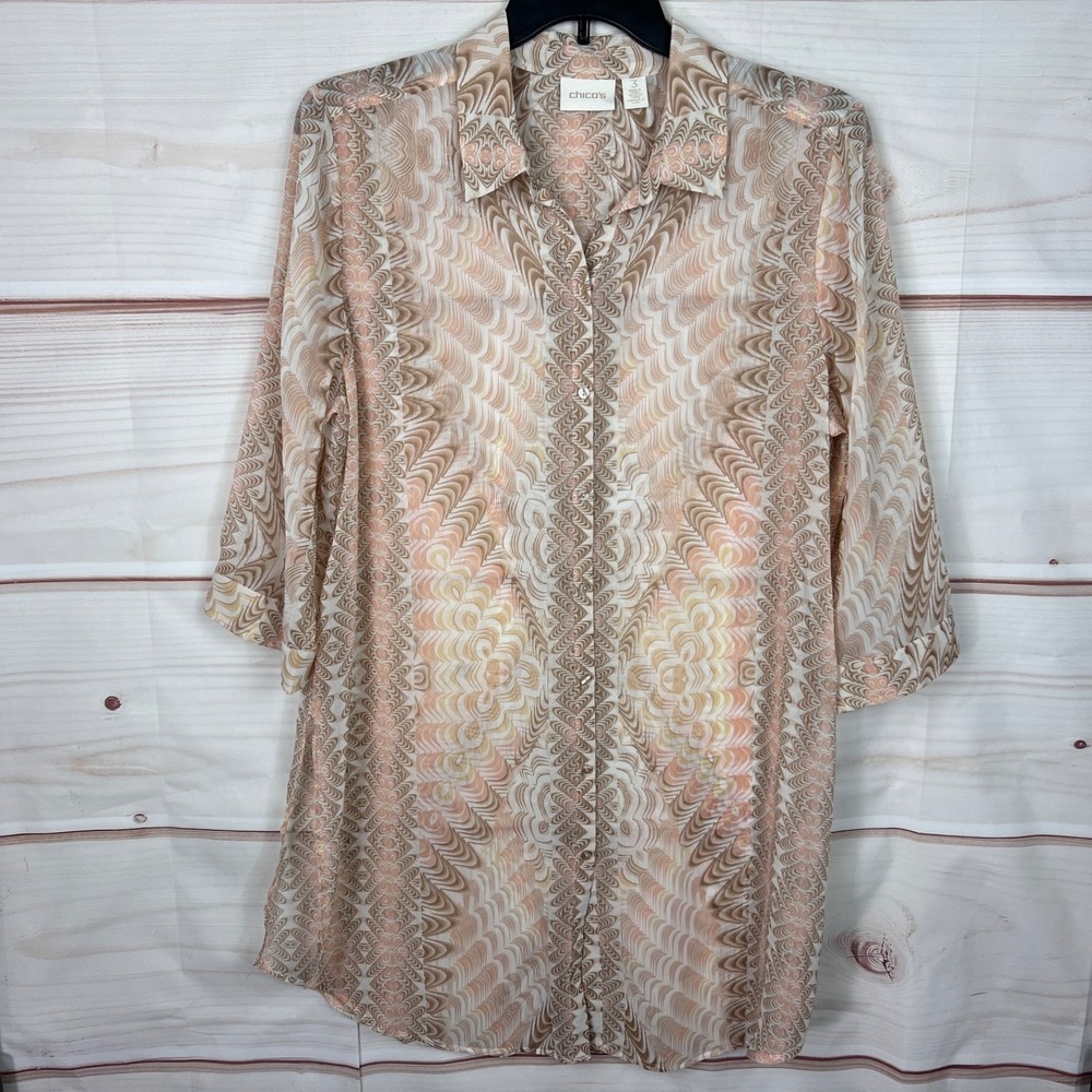 Chicos Top Women 3 XL Pink Beige Geometric Shirt Sheer Button Up Tunic Side Slit